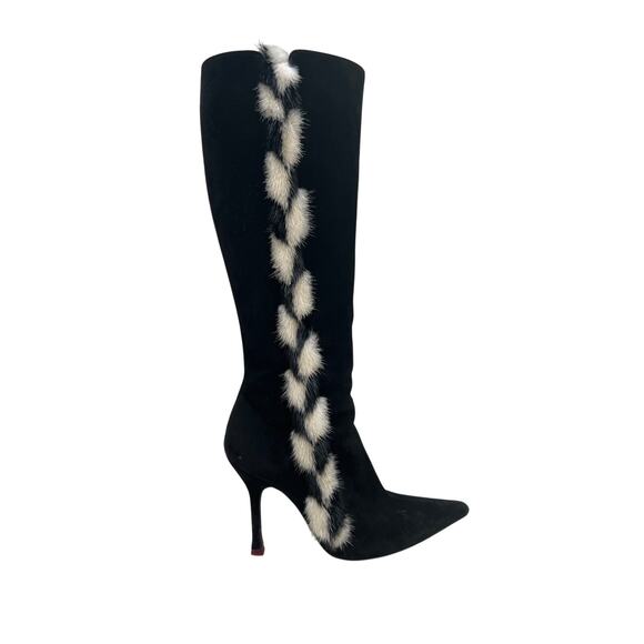 Black Suede Escada Boots with Mink Trim - Picture 1 of 7